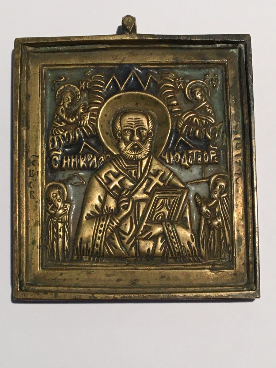 Small Russian Travel Icon , Enameled Bronze , Saint Nicolas