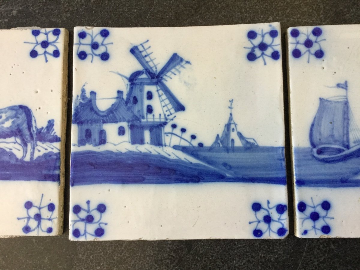 Suite Of 3 Delft Bleu And White Tiles , 19th Century.-photo-3