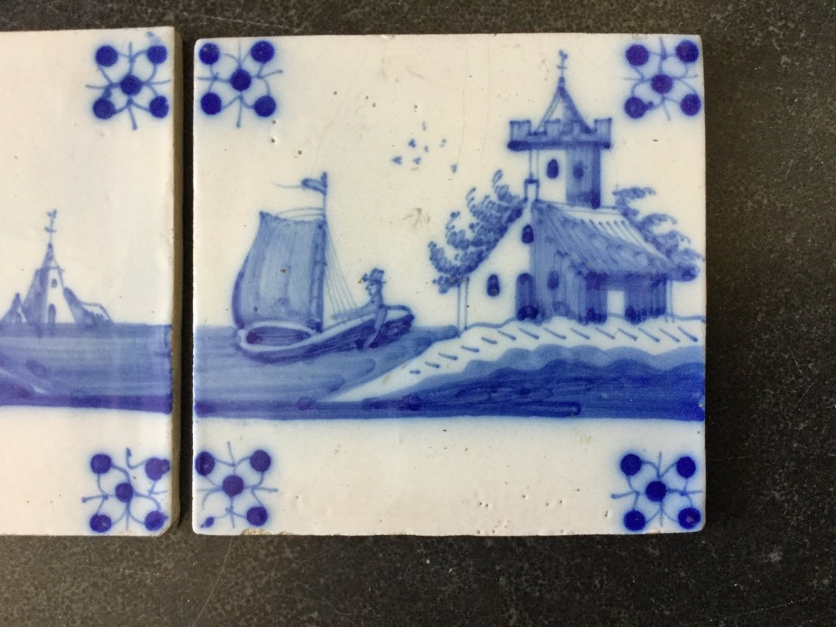 Suite Of 3 Delft Bleu And White Tiles , 19th Century.-photo-4