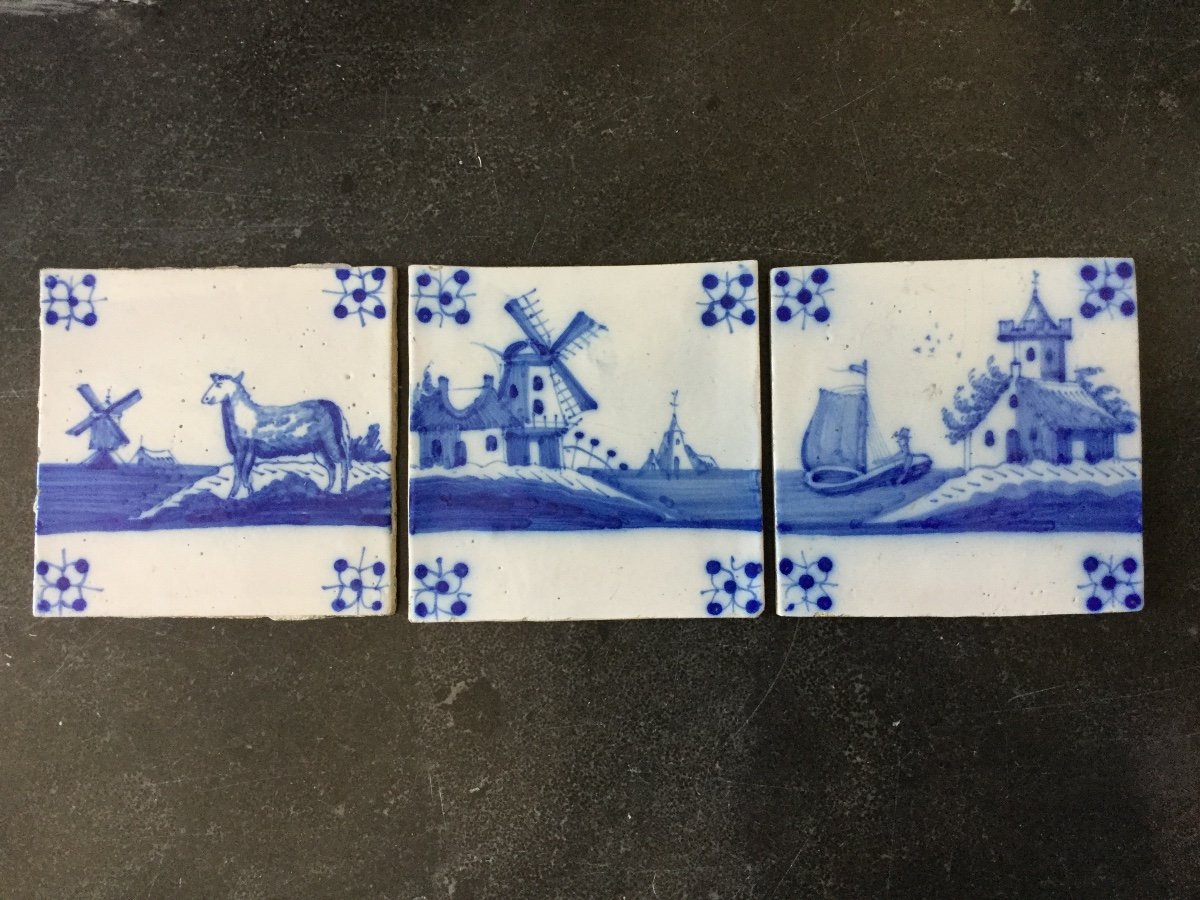 Suite Of 3 Delft Bleu And White Tiles , 19th Century.