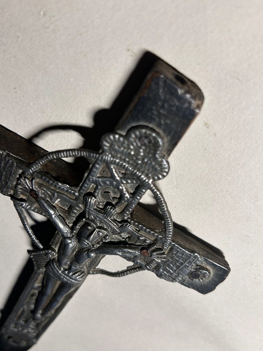 Spanish Crucifix, 18th Century, Pewter And Blackened Wood.-photo-2