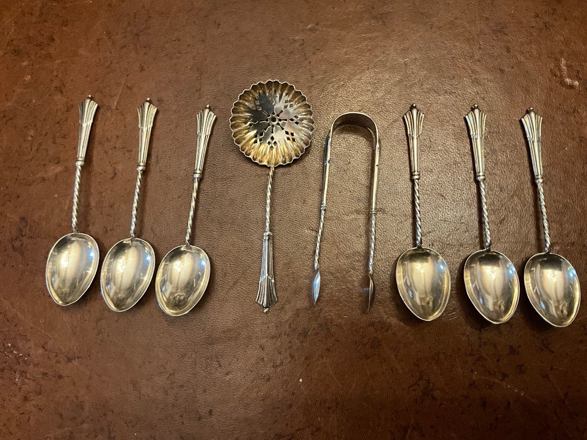 Beautiful Set Of 6 Teaspoons, Shaker Spoon And Sugar Tongs, Sterling Silver\