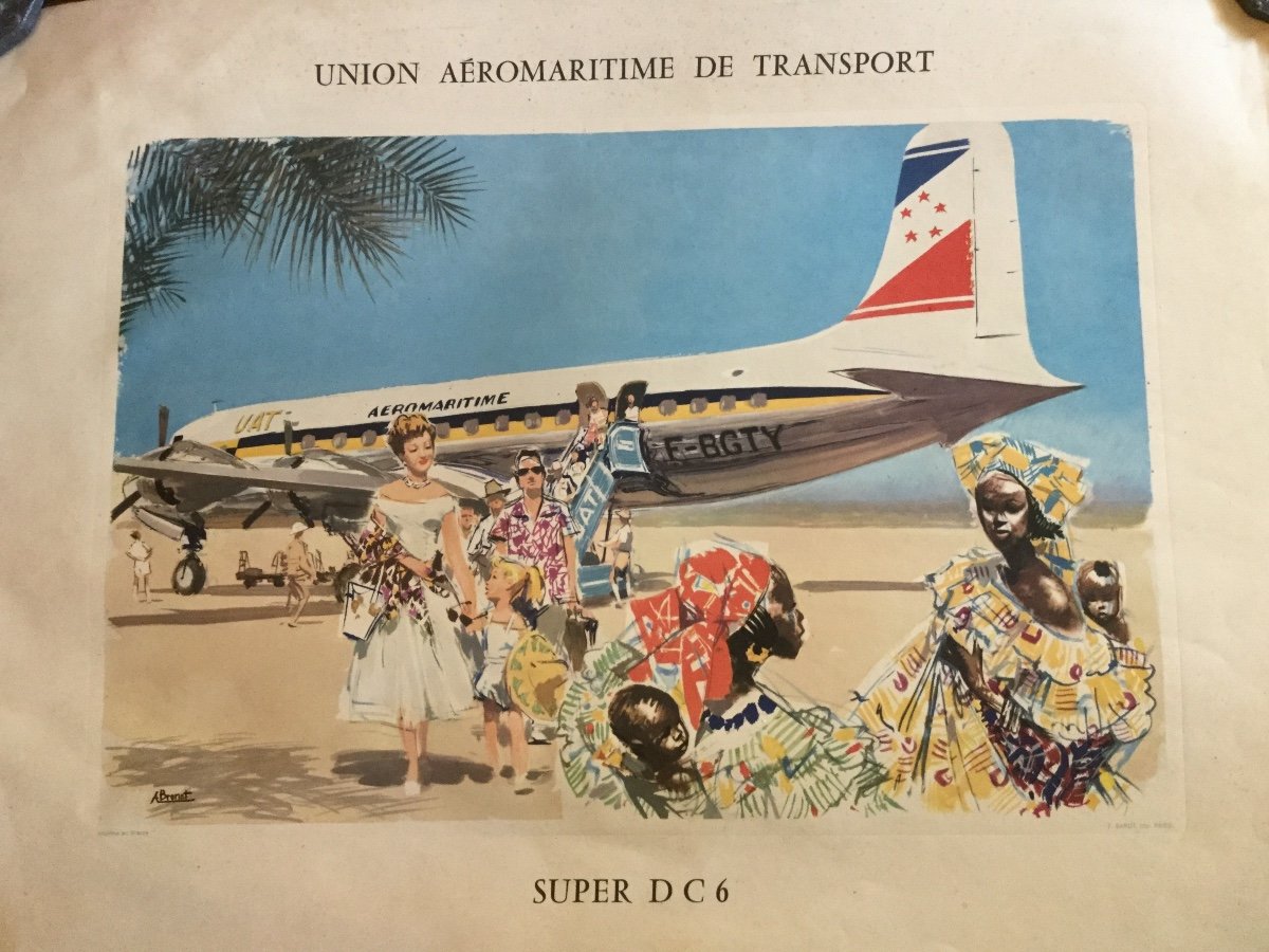 Affiche Ancienne Vintage Union Aéromaritime De Transport - DC-6 -  Années 50-photo-2