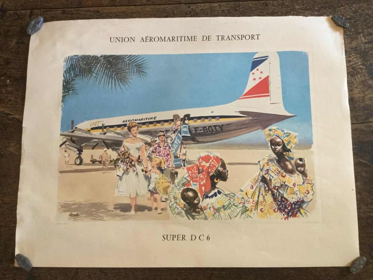 Old Vintage Poster Union Aéromaritime De Transport - 1950s Dc-6