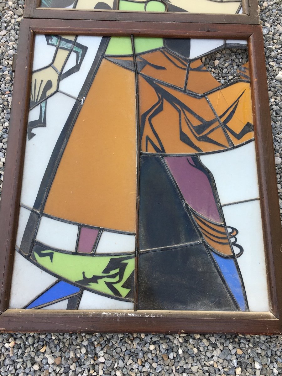 Cubist Stained Glass 1930-1950 In Need Of Restauration-photo-4