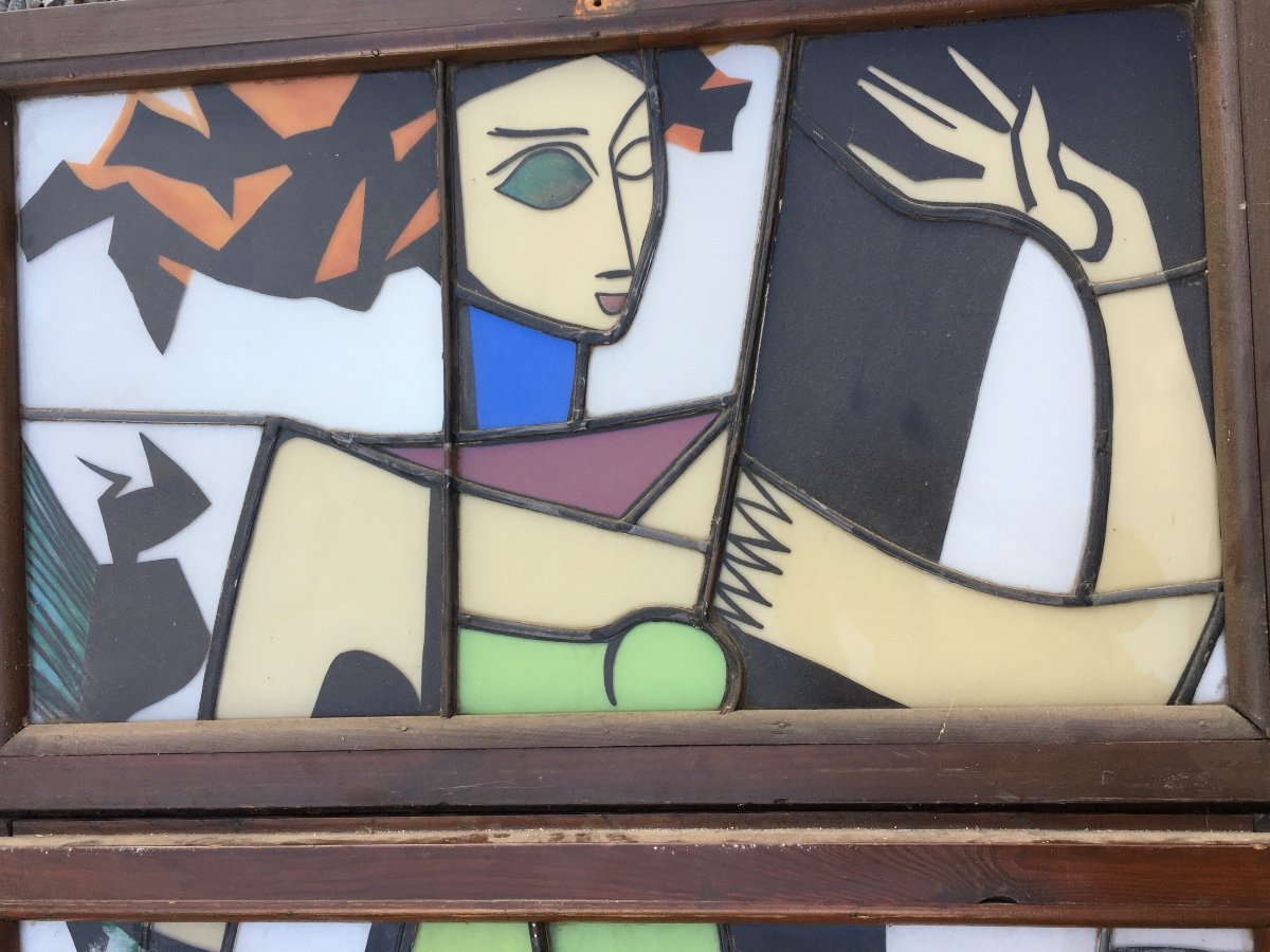 Cubist Stained Glass 1930-1950 In Need Of Restauration-photo-1