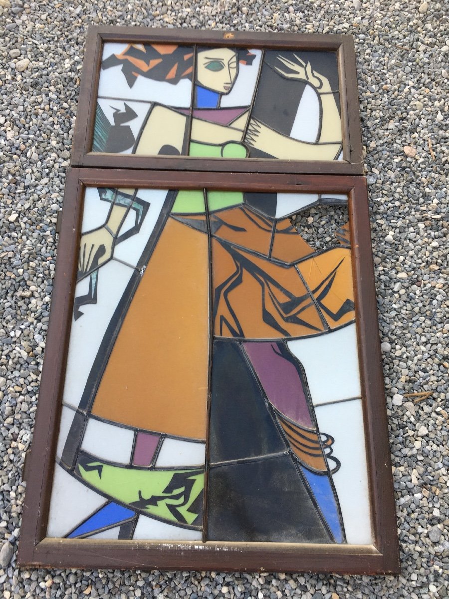 Cubist Stained Glass 1930-1950 In Need Of Restauration