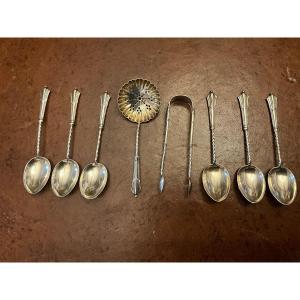 Belle Ensemble De 6 Cuillères à Thé , Cuillère Saupoudreuse Et Pince à Sucre , Argent Sterling\