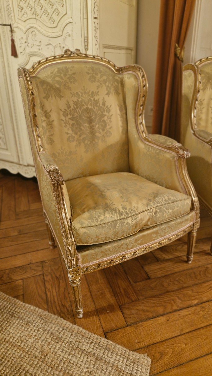 Pair Of Louis XVI Gilded Wood Bergeres With Ears-photo-2