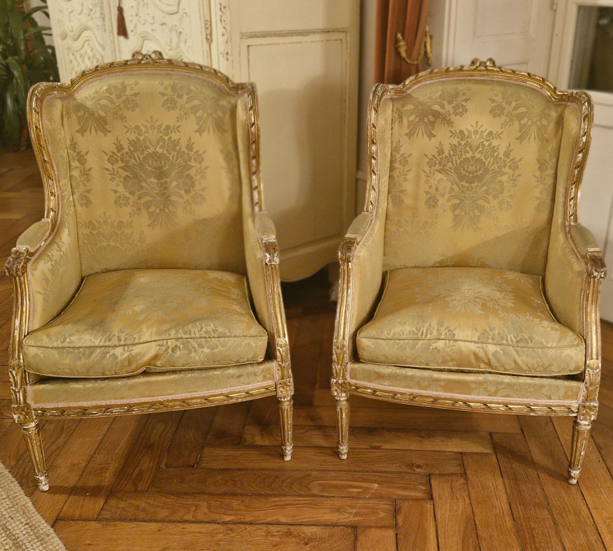 Pair Of Louis XVI Gilded Wood Bergeres With Ears