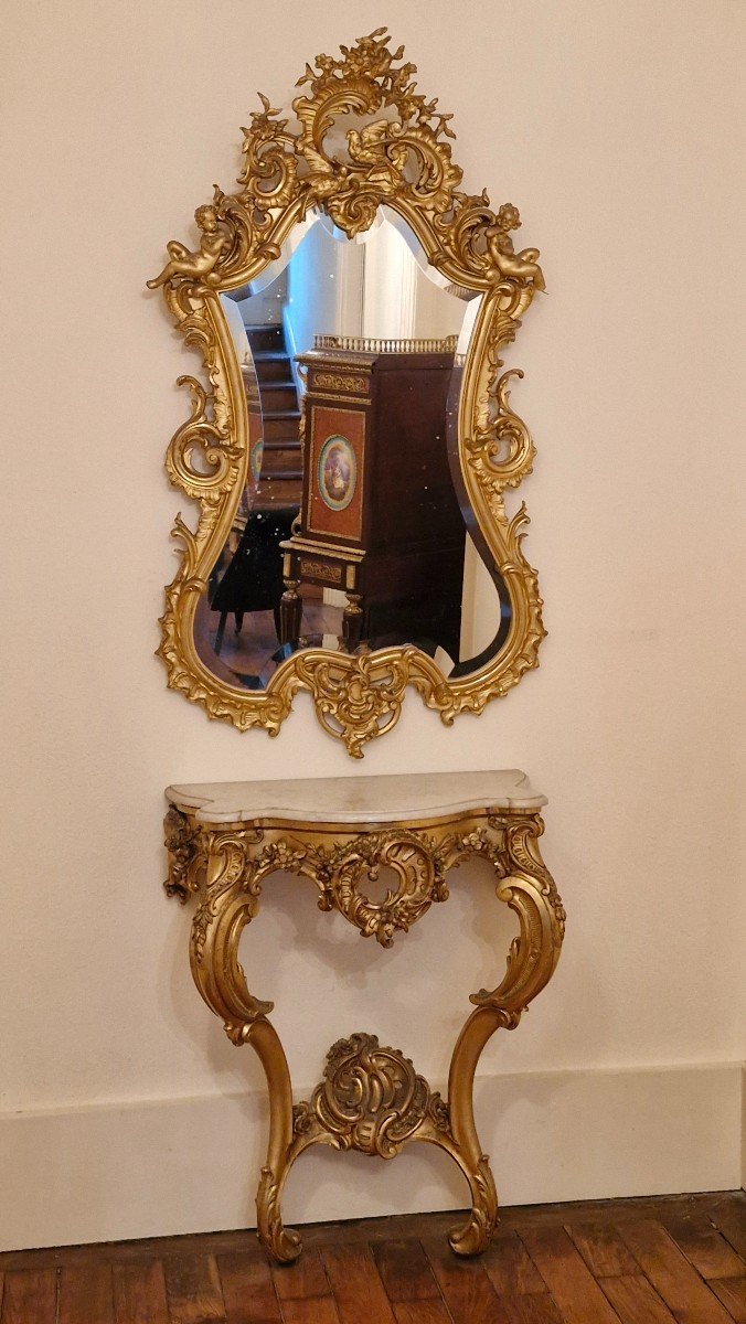 Louis XV Style Gilded Wood Console And Mirror 