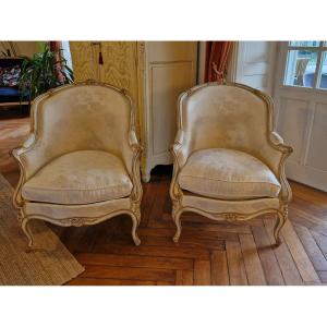 Pair Of Louis XV Style Armchairs, In Painted Wood