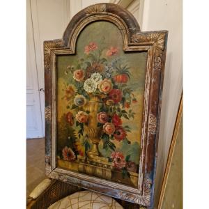 Painting Bouquet Of Flowers, Carved Wooden Frame 18th Century 