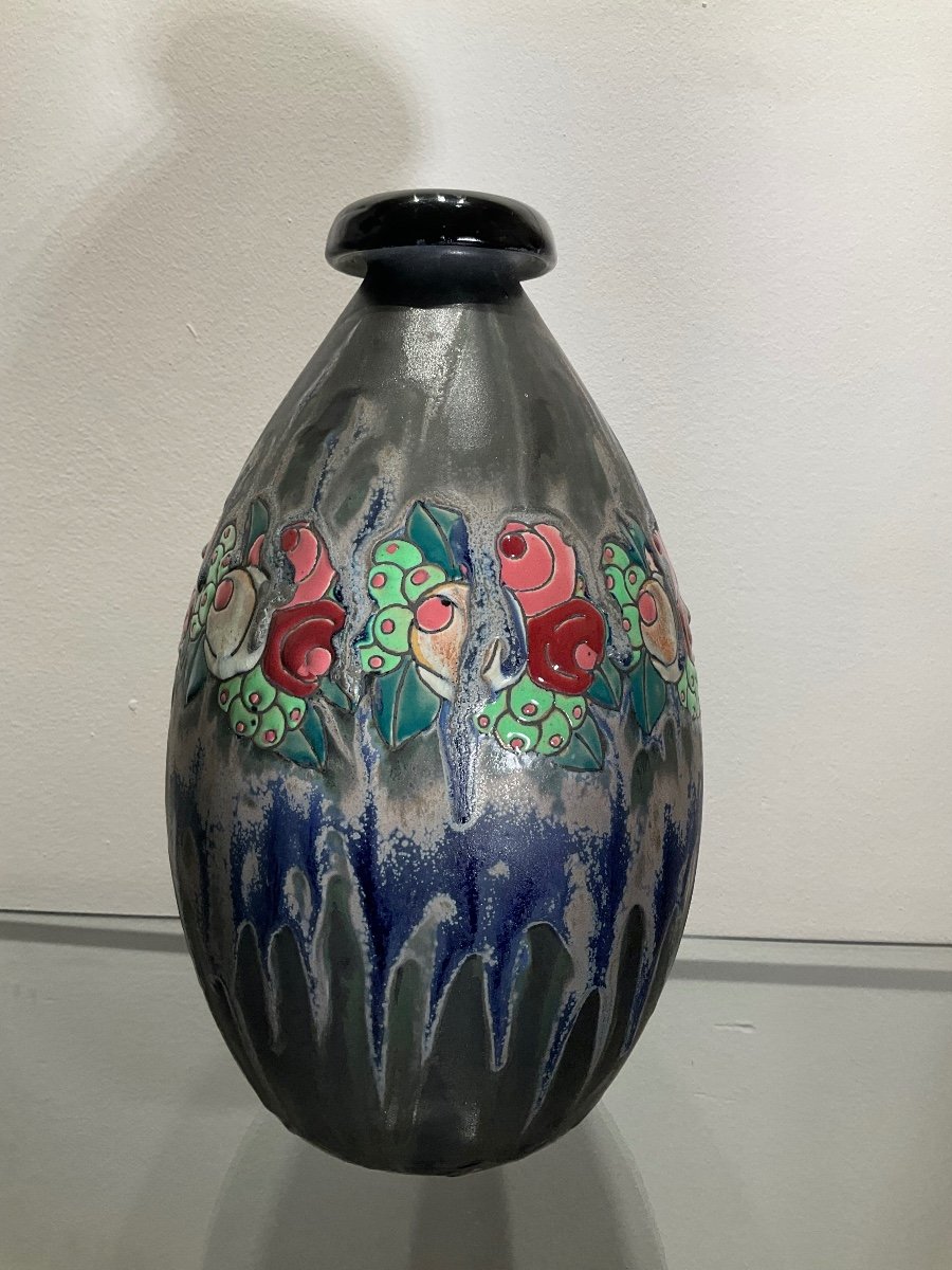 Charles Cateau For Keramis-boch La Louvière. “little Roses” Vase.-photo-5