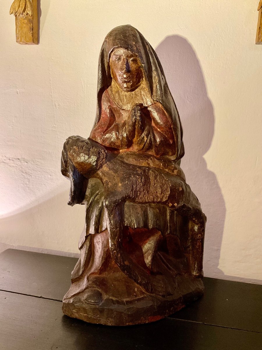 Vierge De Piété Ou « piéta ». Bois Sculpté Polychrome.  -photo-2