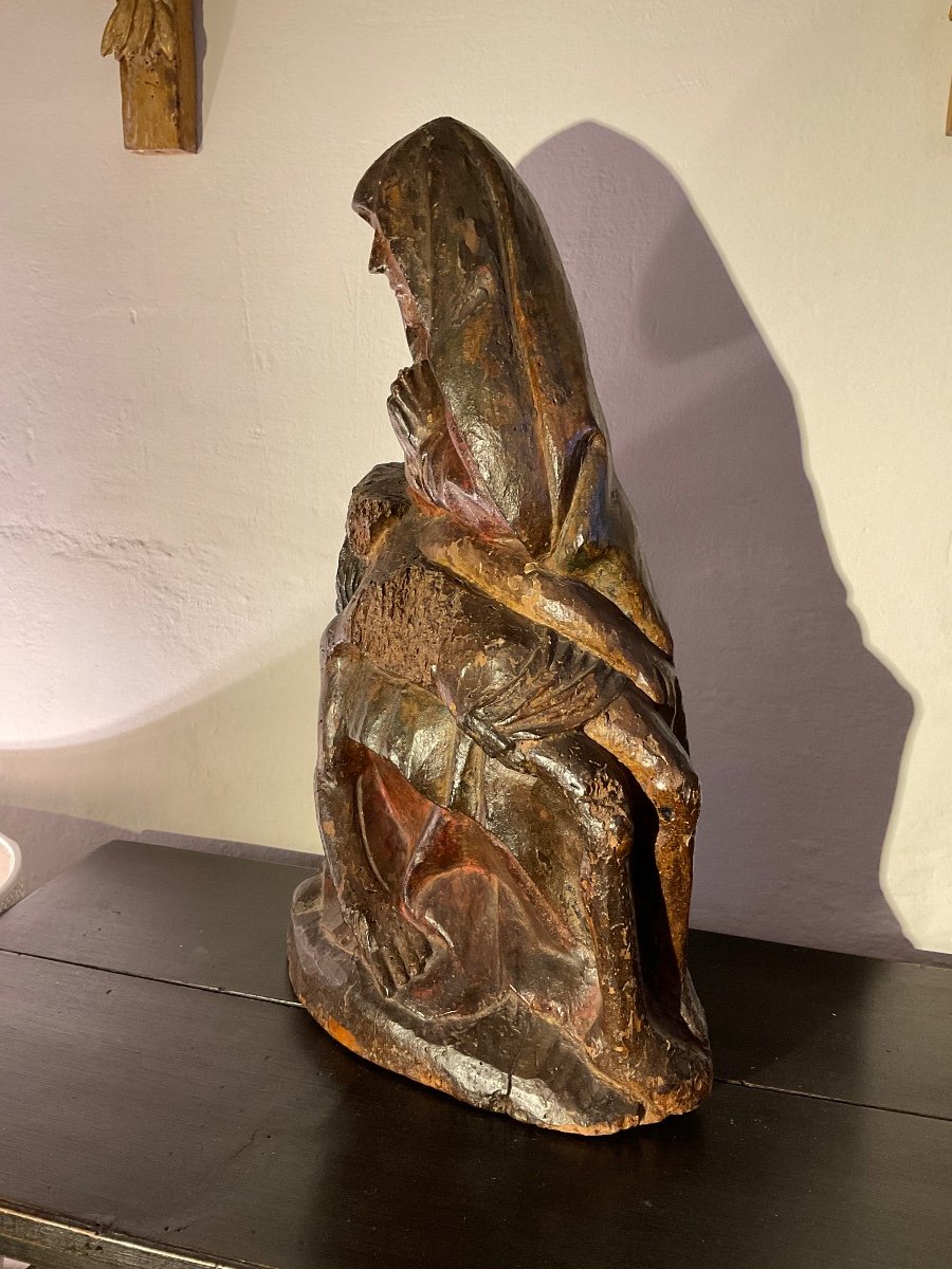 Vierge De Piété Ou « piéta ». Bois Sculpté Polychrome.  -photo-4