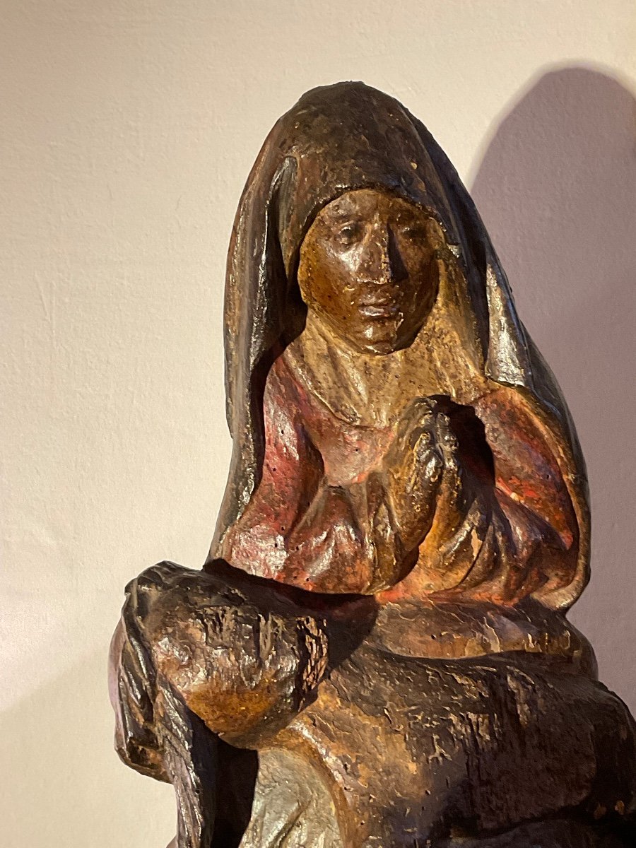 Vierge De Piété Ou « piéta ». Bois Sculpté Polychrome.  -photo-5