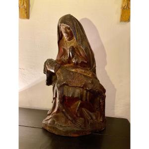 Vierge De Piété Ou « piéta ». Bois Sculpté Polychrome.  