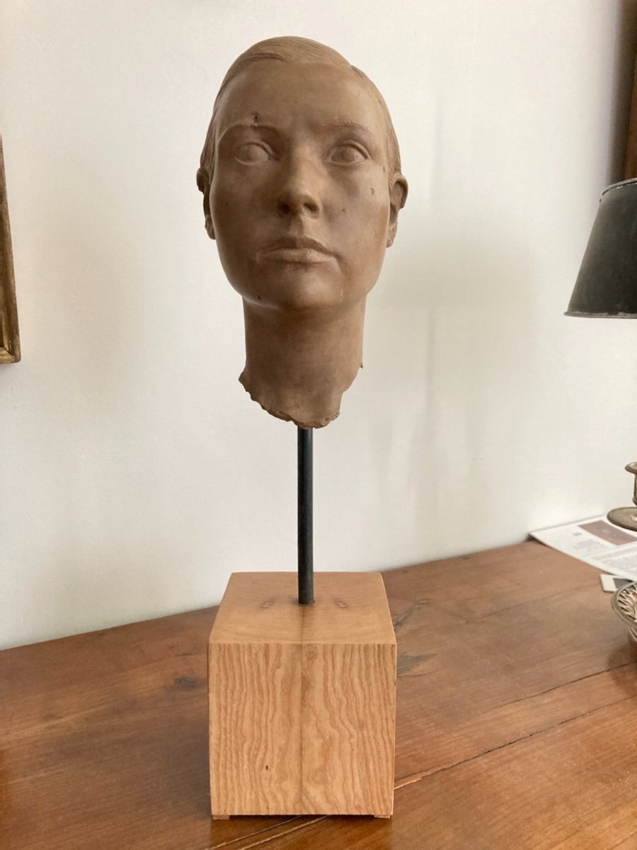  Sculpture . Terracotta Woman's Head. Circa 1930. H 50 Cm With Base. -photo-2