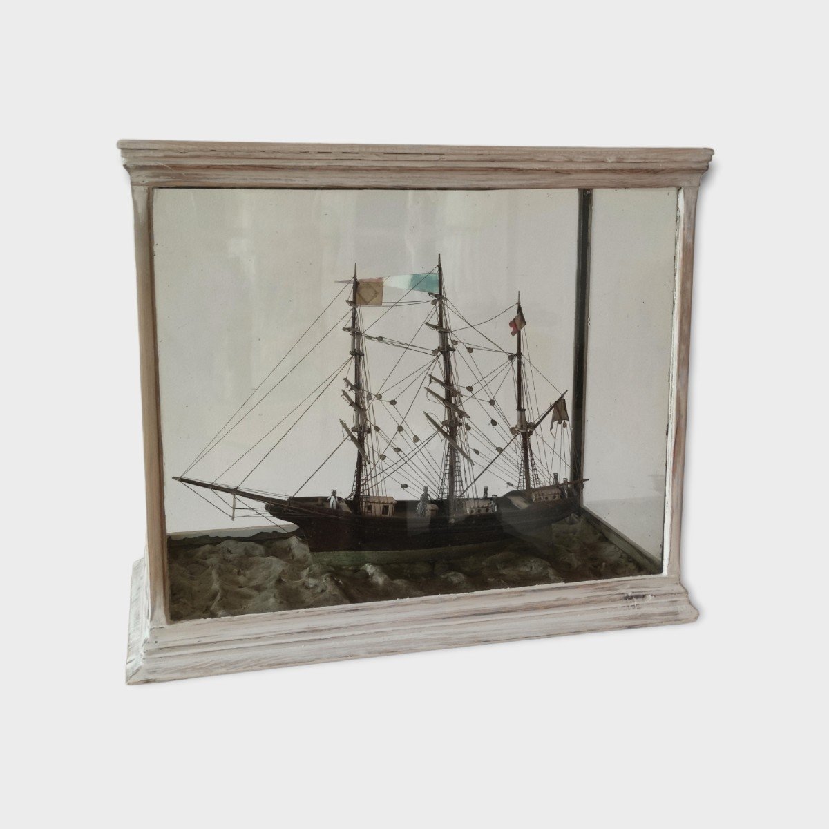 Barque Three-masted Ship Model With Sailors . Original Showcase. Diorama Late 19th Century.-photo-4