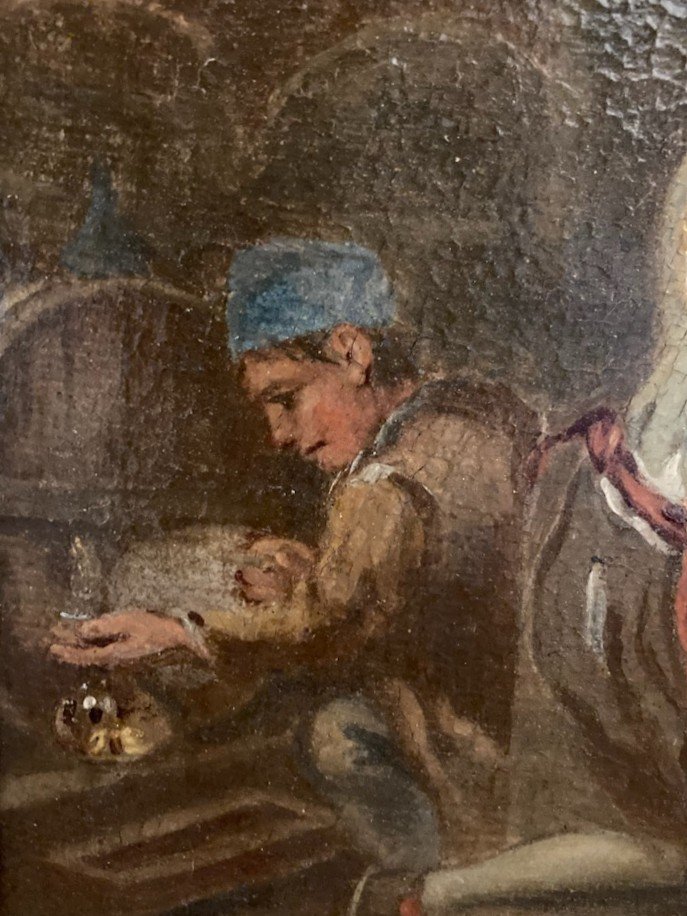 Scène De Taverne. Les trois amis. Huile sur toile . Cadre Louis XVI. . Fin XVIII° siècle-photo-3