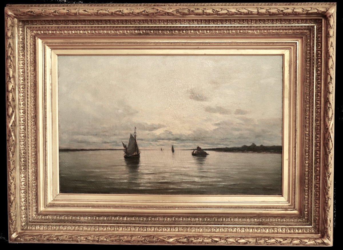 Arthur Bouvier ( 1837-1921) . Marine With Boats. Estuary Of The Escaut .  Oil On Canvas.  1873. -photo-6