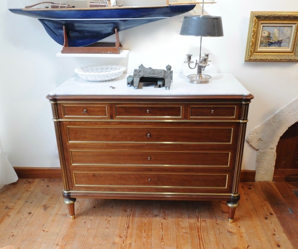 Large Louis XVI Style Chest Of Drawers  In Mahogany And Mahogany Veneer.-photo-2