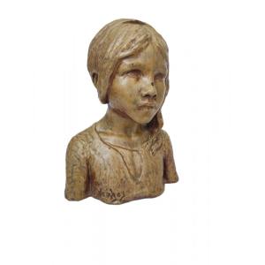 Buste De Jeune Fille En Grès. Signé daté H Vernhes Sculpteur &  Paul Jeanneney. 1909. Grès De Puisaye