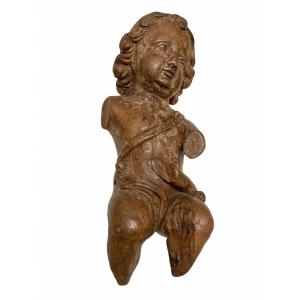 Enfant Jésus , Putto, En Bois Sculpté En Ronde Bosse, traces polychromie . XVIIe Siècle. H39cm