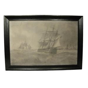 Ship At Sea Charcoal Drawing On Paper Stretched On Frame French School Of The 19th Century. 