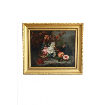Still Life Of Flowers And Fruits Representing The Four Seasons Allegory The Ages Of Life. O/c . Signed Dated Moncarlot 1863