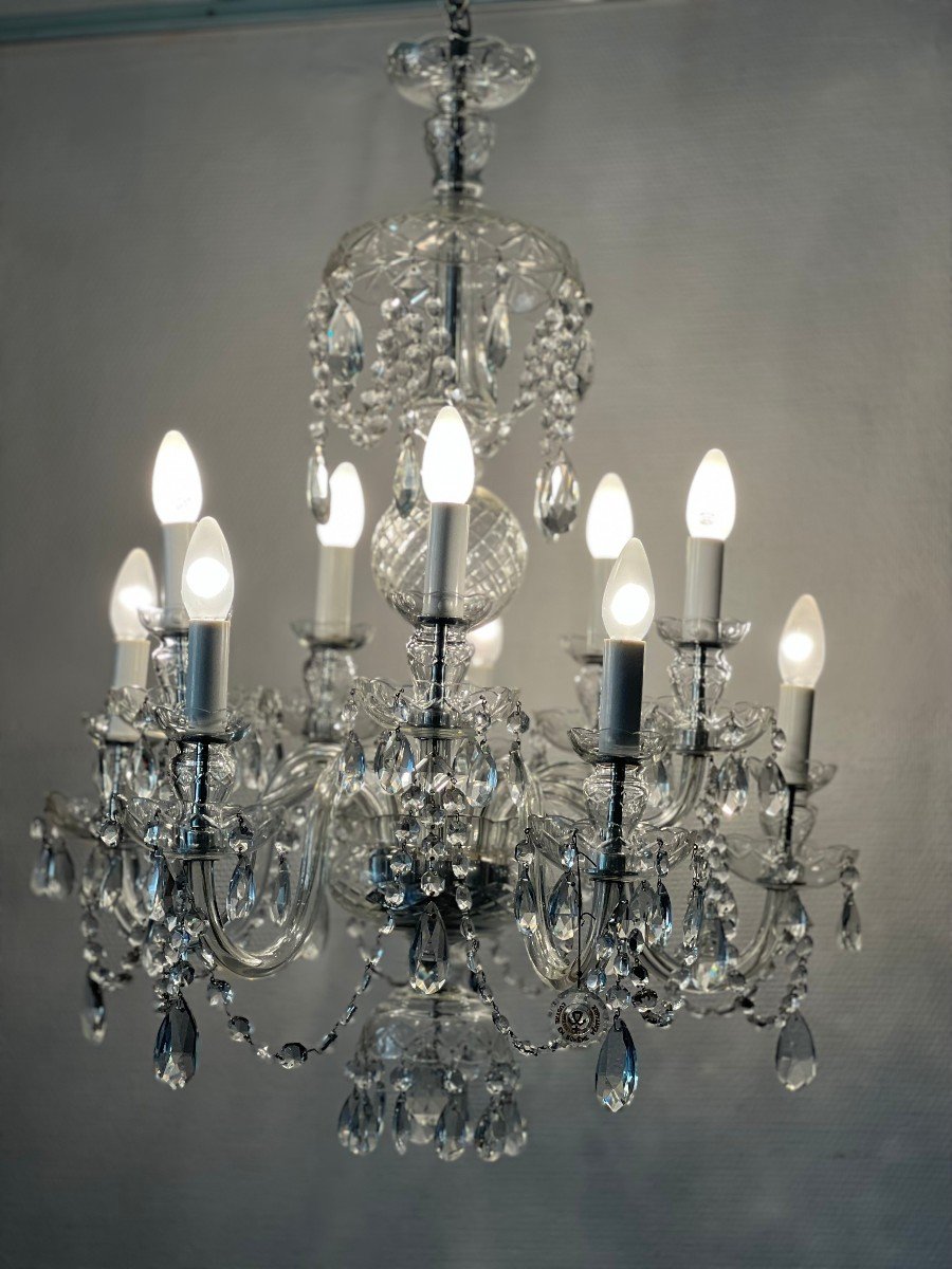 REF 36 / Lustre Pampilles Cristal Boheme 10 Lumieres / Refait A Neuf 