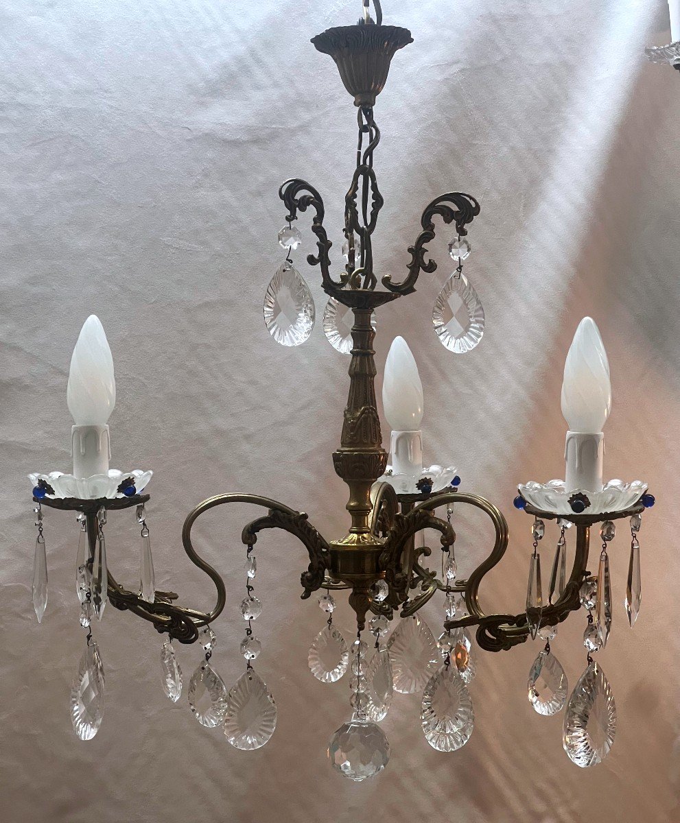 Ref 73 / Chandelier 1900 Crystal Pendants 3 Lights / Rebuilt As New