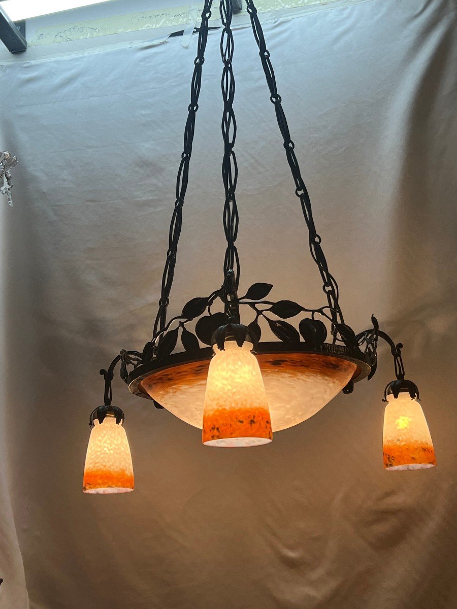 Ref 77 / Art Deco 3 Tulips Suspension Chandelier / Refurbished-photo-7