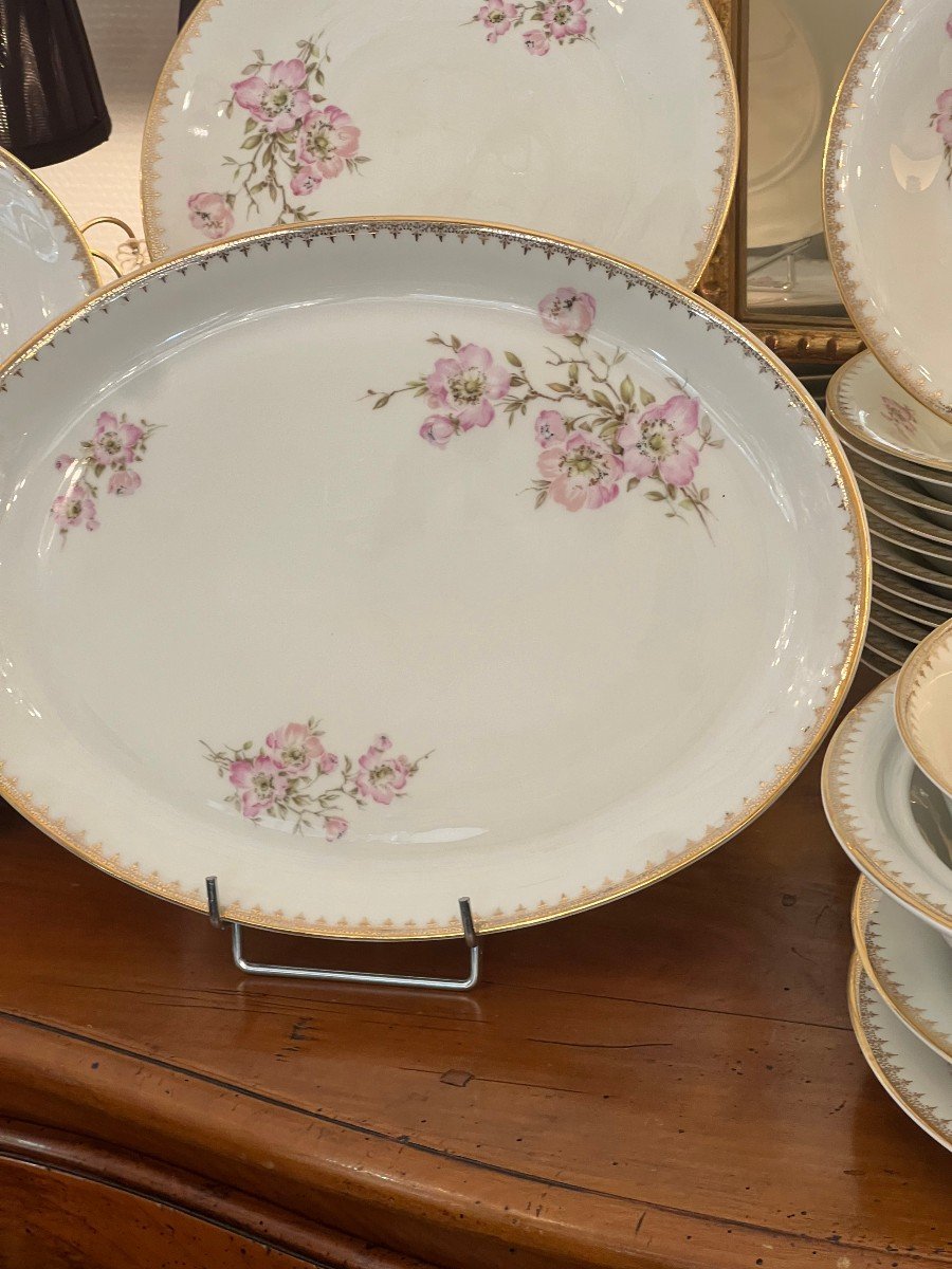 Limoges / 56 Piece Porcelain Dinner Service / Rose And Gilding Decor-photo-3