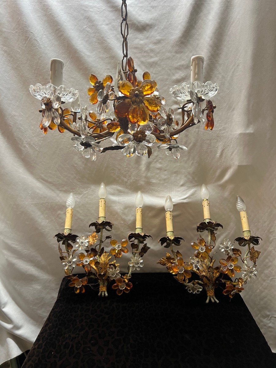 Lustre De Style Baguès Fleurs Cristal Et Tôle Doré-photo-1