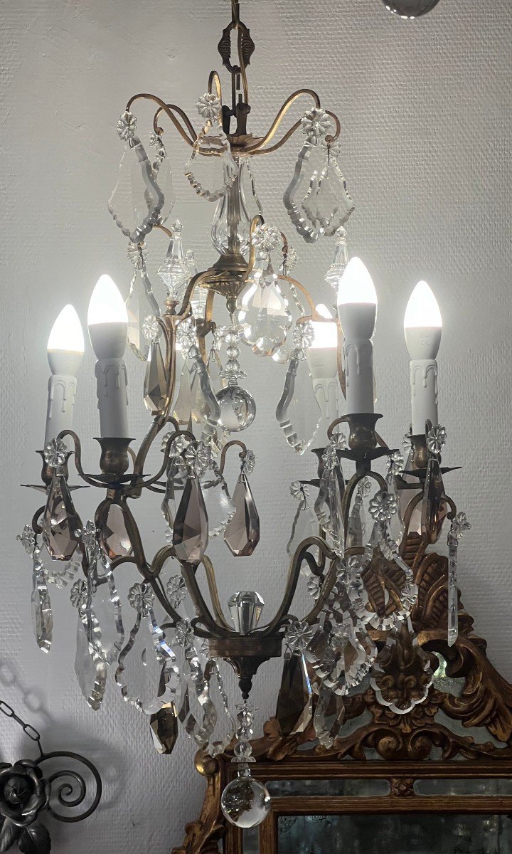 Ref 93 / Lustre Bronze XIX Pampilles Cristal 6 Lumières /refait A Neuf