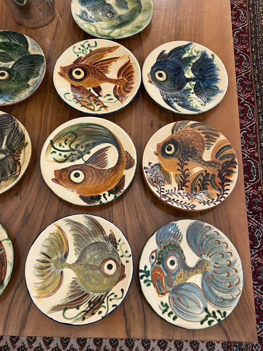 10 assiettes  Céramique Puigdemont à Décor De Poissons 1960-photo-3