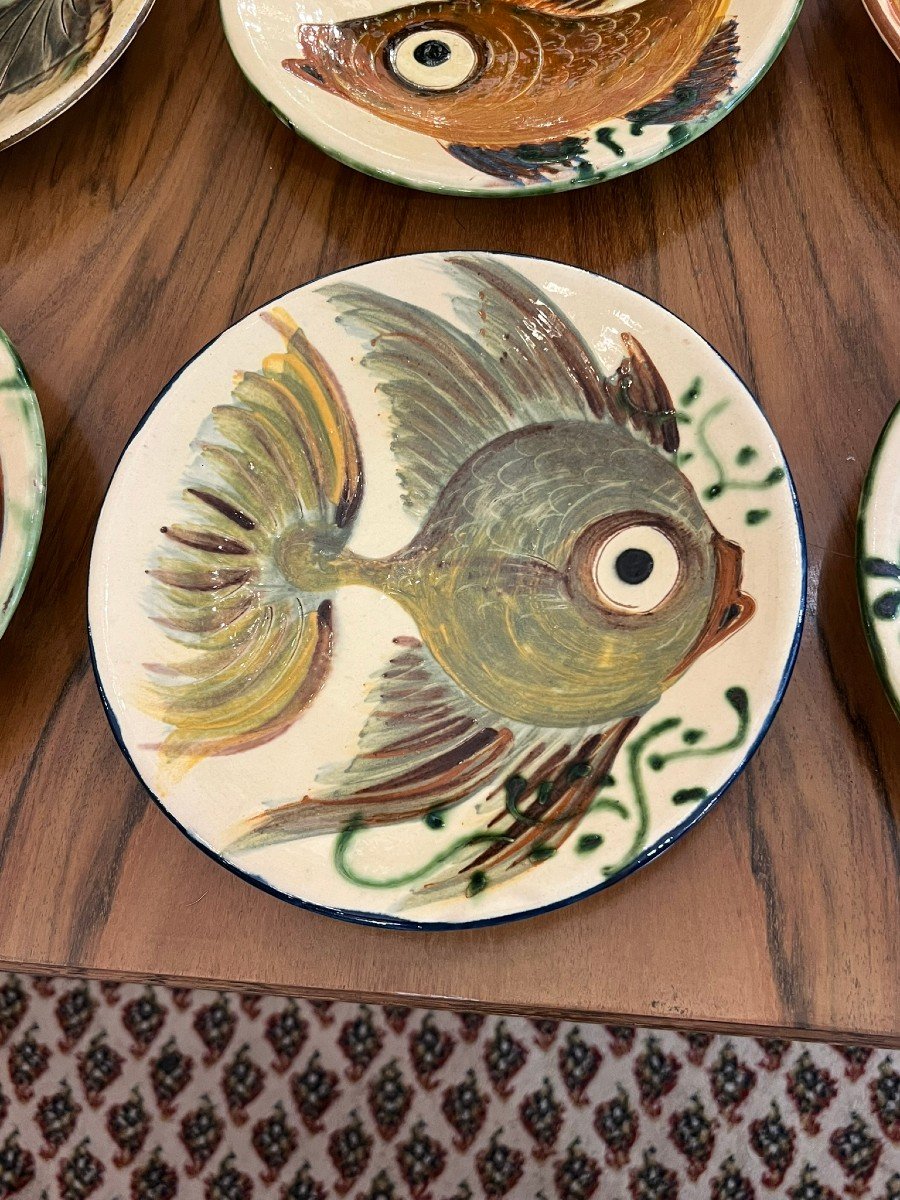 10 assiettes  Céramique Puigdemont à Décor De Poissons 1960-photo-2