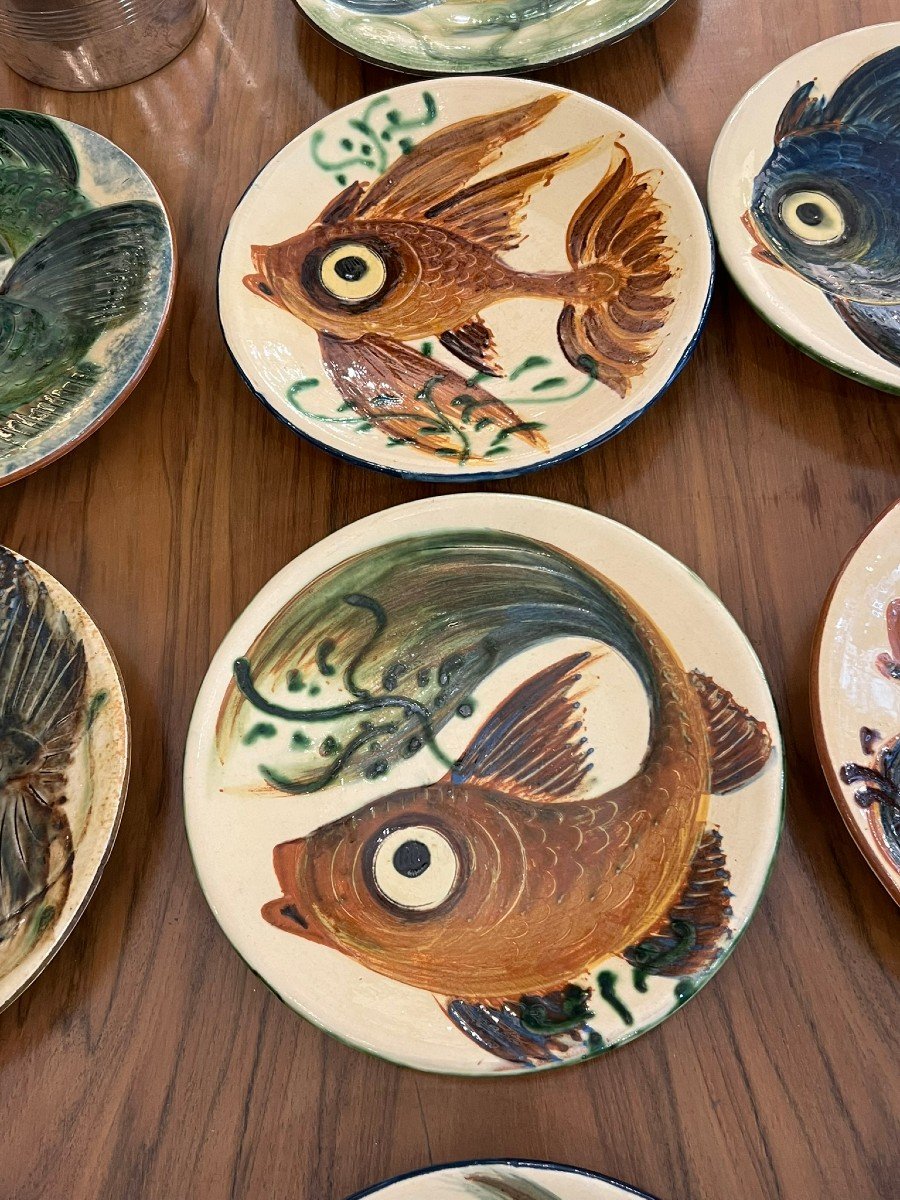 10 assiettes  Céramique Puigdemont à Décor De Poissons 1960-photo-4