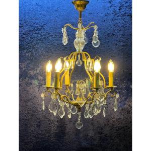 Lustre Pampilles Cristal Bronze 6 Lumières / Refait A Neuf