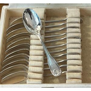 Christofle / Box Of 12 Silver Metal Moka Spoons Shell Model