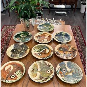 10 assiettes  Céramique Puigdemont à Décor De Poissons 1960