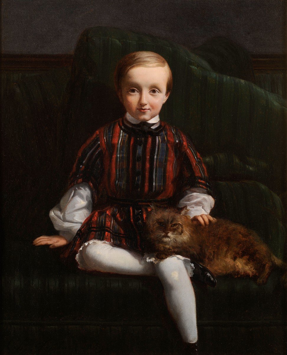 Charles Fréchou (1820-1900) Portrait Of A Child With A Cat-photo-2