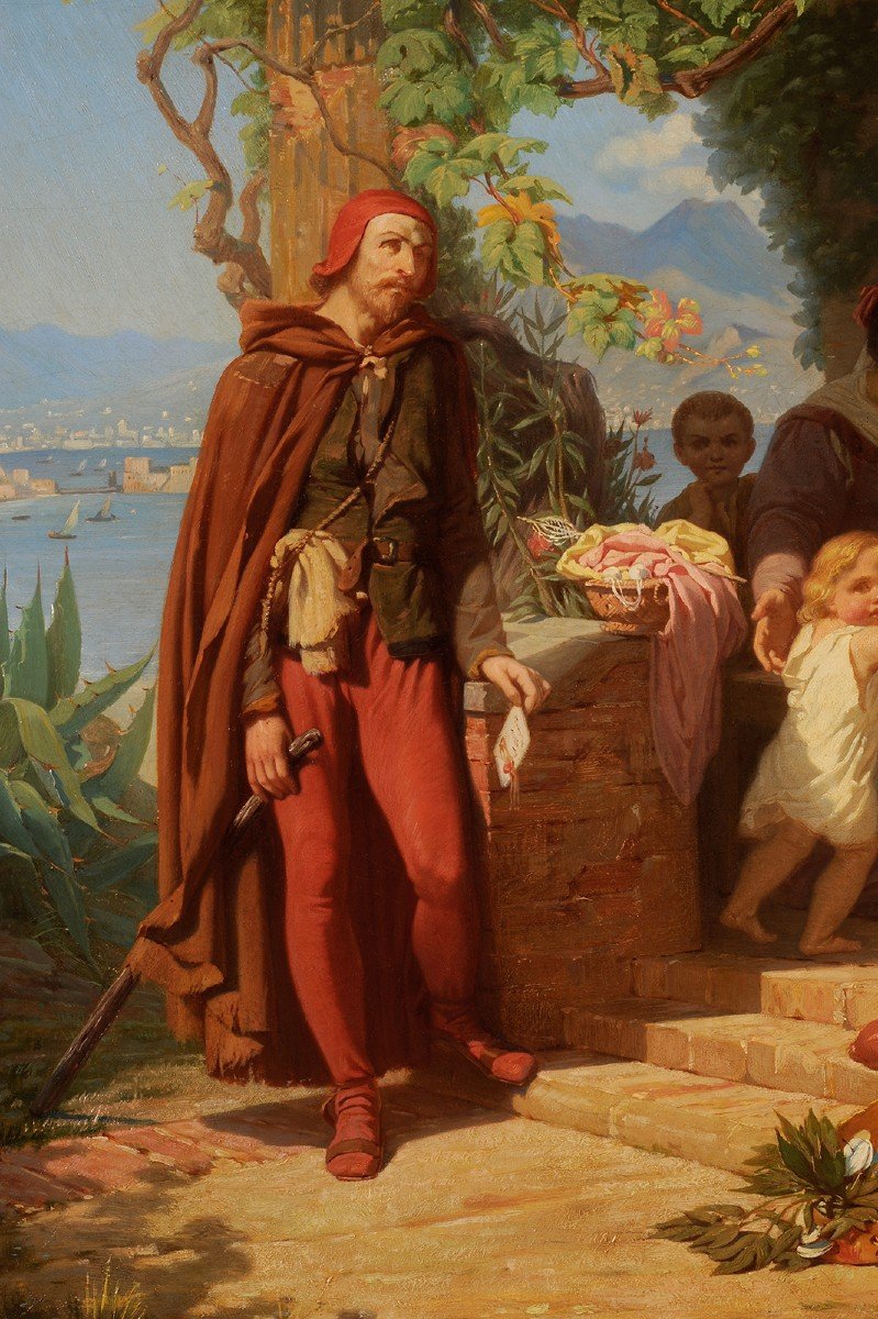 Jules Naudin (1817-1876) Tasso Arriving At His Sister's House In Sorrento Naples Italy-photo-3