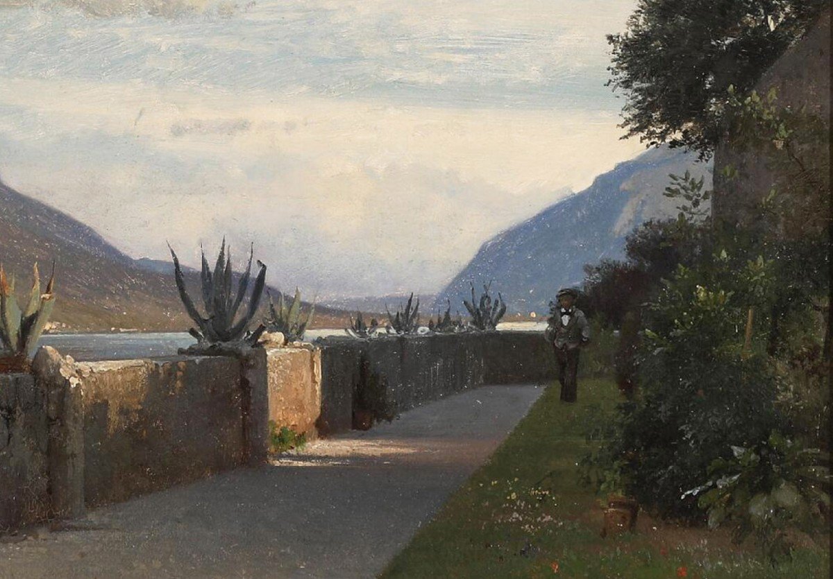 Frédérik Rohde (1816-1886) Lake Como - A Terrace Of Villa Giulia In Bellagio Italy-photo-2