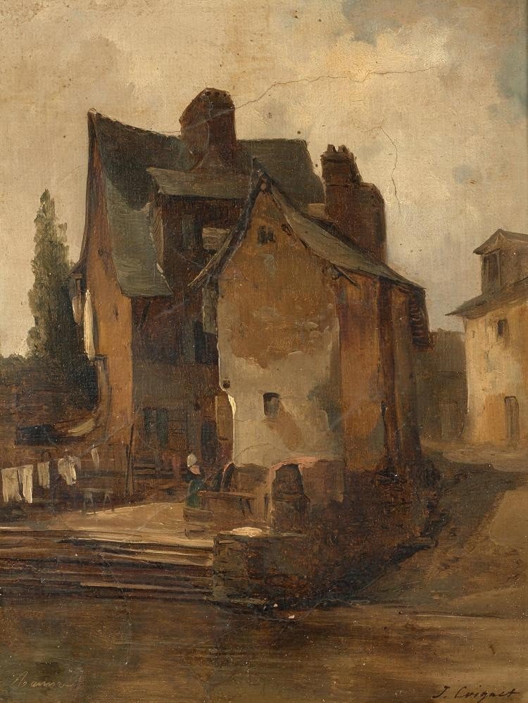 Entourage de Jules Coignet (1798-1860) Maisons en bord de rivière-photo-1