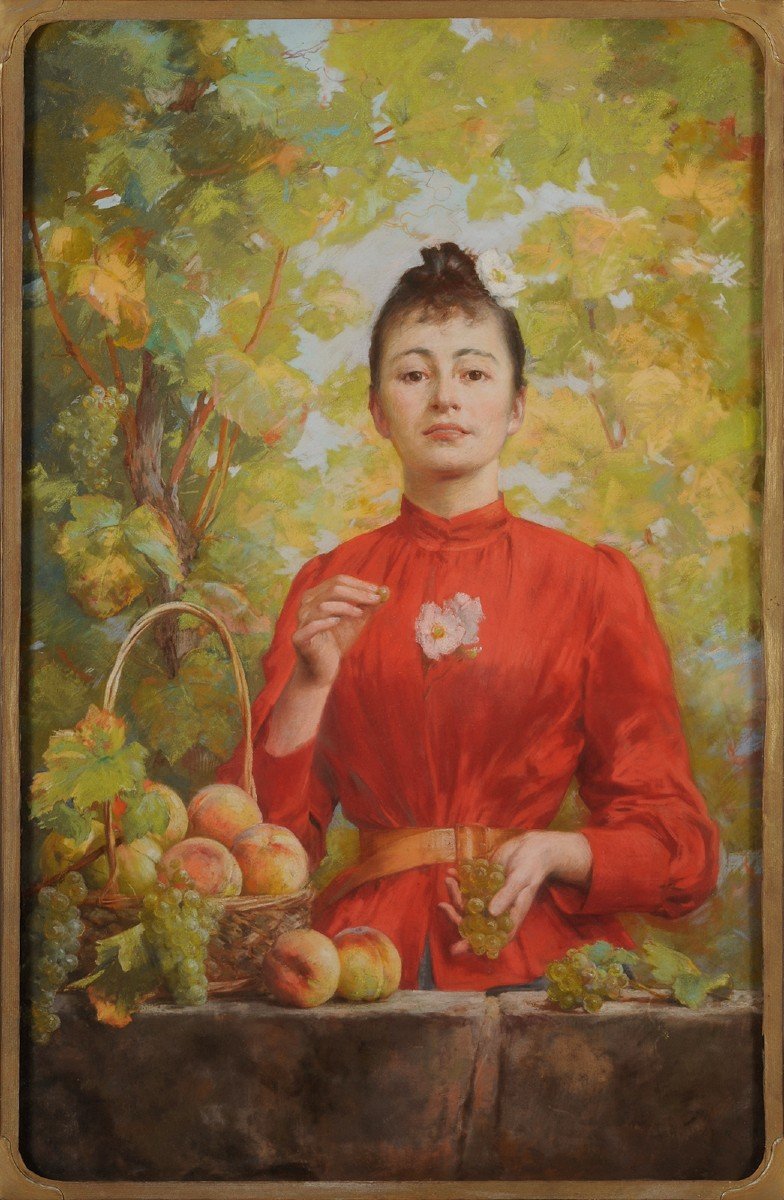 Louis Adolphe Tessier (1858-1915) Portrait Of A Woman Under A Trellis And With A Basket Of Peaches-photo-2