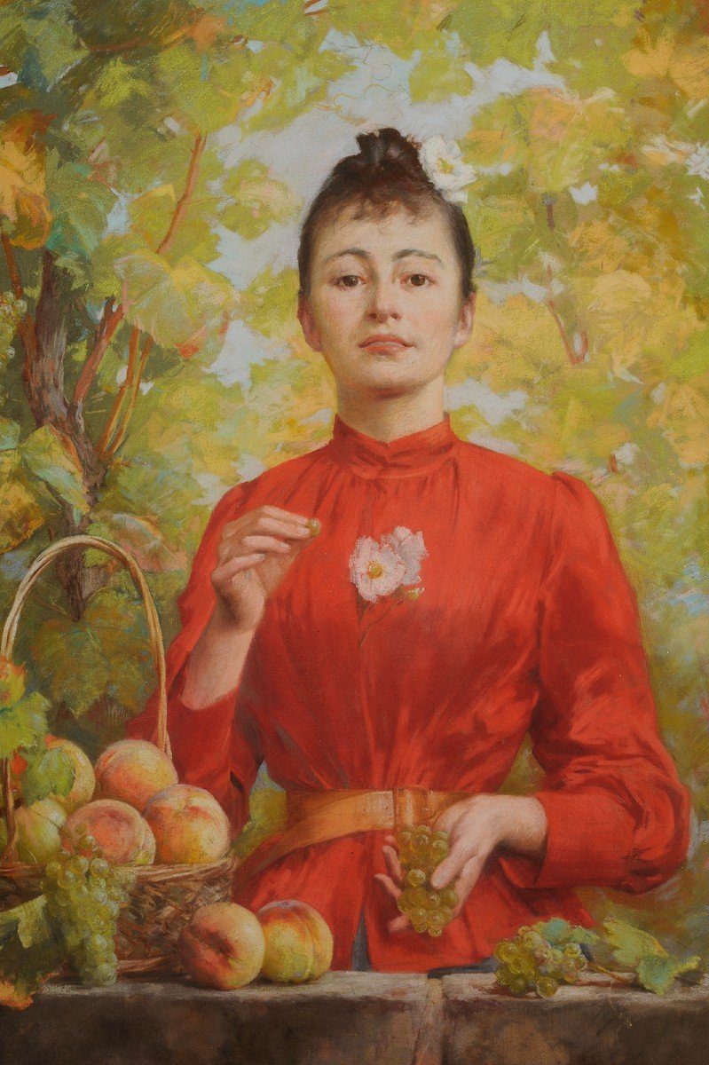 Louis Adolphe Tessier (1858-1915) Portrait Of A Woman Under A Trellis And With A Basket Of Peaches-photo-3