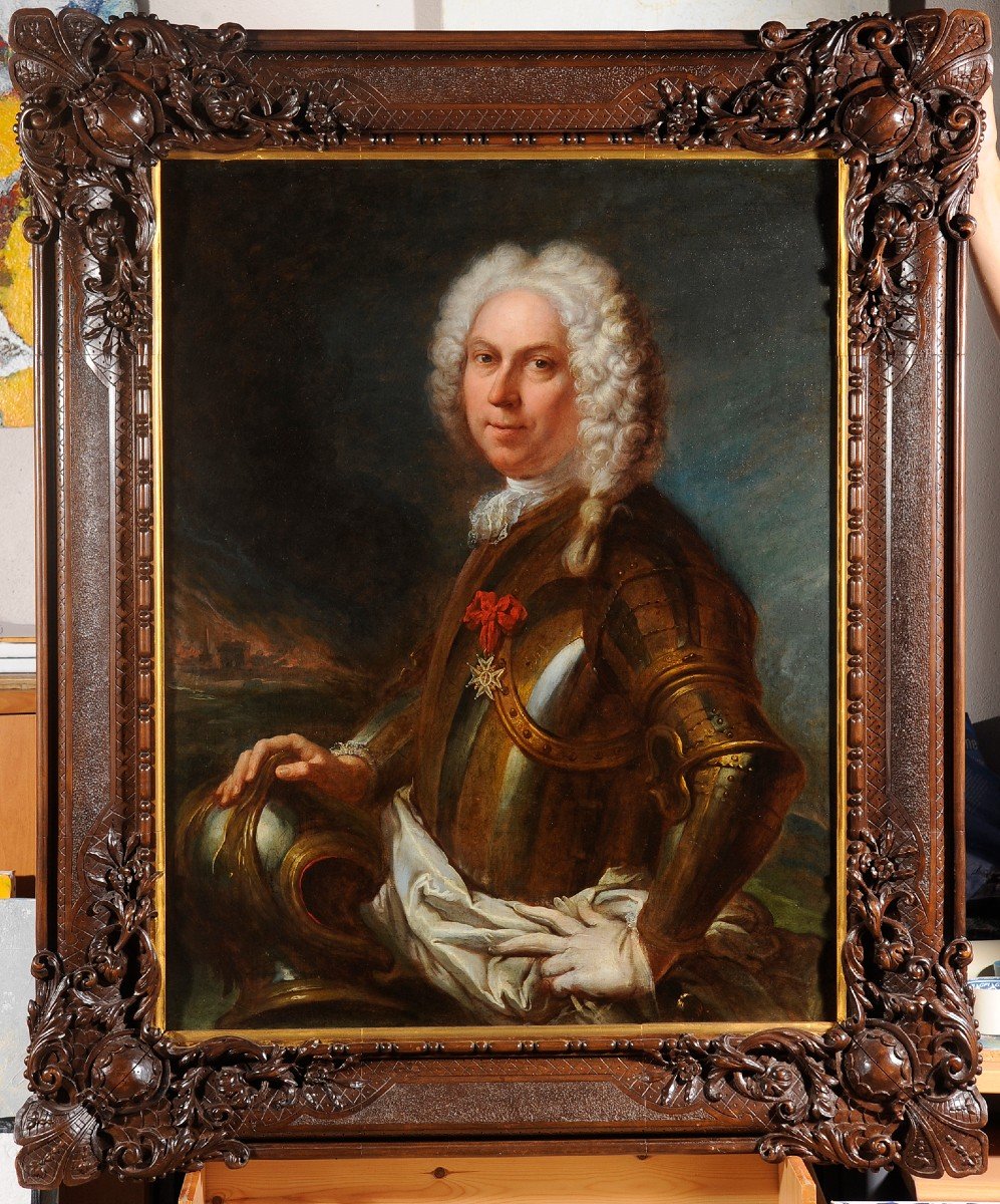 Att. To Dumont Le Romain (1701-1781) Portrait Of A Man In Armor-photo-3